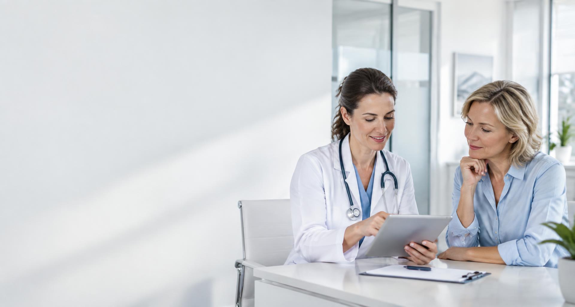 Eine Fachperson und eine Patientin besprechen die nächsten Behandlungsschritte.
